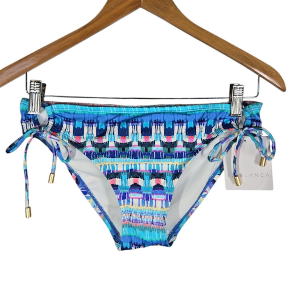 LA BLANCA Tie Side Hipster Bikini Bottoms Blue Multicolor Print Size 4 NWT